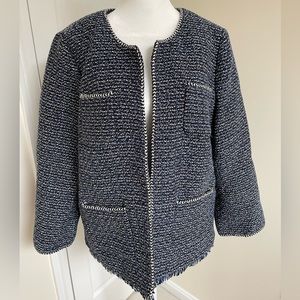 Talbots Blue & Cream Tweed Open Jacket with Fringe and Braid Detail